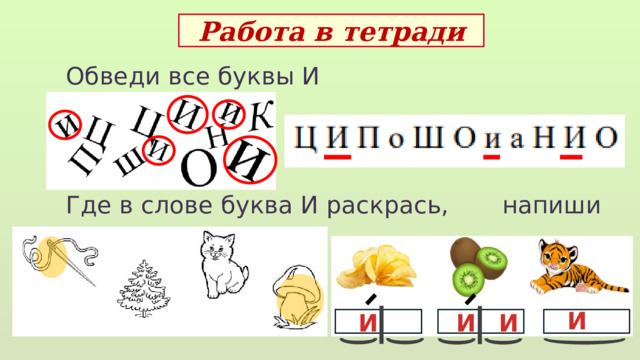 Работа в тетради Обведи все буквы И Где в слове буква И раскрась, напиши  И  И И И 