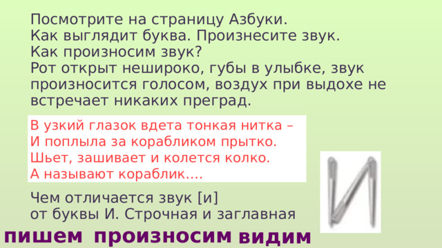 Посмотрите на страницу Азбуки. Как выглядит буква. Произнесите звук. Как произносим звук? Рот открыт нешироко, губы в улыбке, звук произносится голосом, воздух при выдохе не встречает никаких преград. Чем отличается звук [и] от буквы И. Строчная и заглавная В узкий глазок вдета тонкая нитка – И поплыла за корабликом прытко. Шьет, зашивает и колется колко. А называют кораблик…. произносим пишем видим 