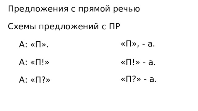 Предложения с прямой речью Схемы предложений с ПР «П», - а. А: «П». А: «П!» «П!» - а. «П?» - а. А: «П?» 