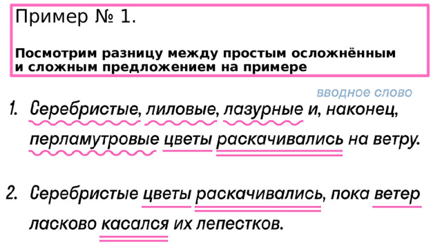 Пример № 1. Посмотрим разницу между простым осложнённым и сложным предложением на примере 