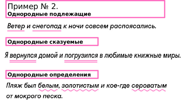 Пример № 2. Однородные подлежащие Однородные сказуемые Однородные определения 