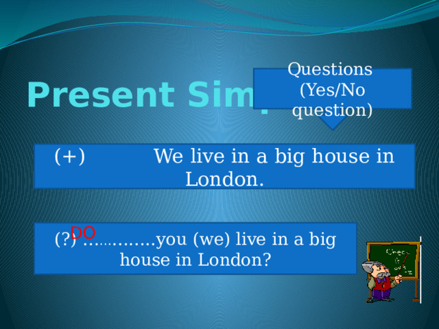 Present Simple Questions (Yes/No question) (+) We live in a big house in London. DO (?) … … ……..you (we) live in a big house in London? 