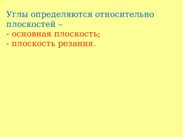 Углы определяются относительно плоскостей –  - основная плоскость;  - плоскость резания.     
