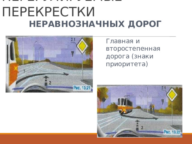 НЕРЕГУЛИРУЕМЫЕ  ПЕРЕКРЕСТКИ НЕРАВНОЗНАЧНЫХ  ДОРОГ Главная  и второстепенная дорога  (знаки приоритета) 