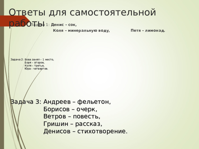 Ответы для самостоятельной работы Задача 1: Денис – сок,  Коля – минеральную воду, Петя – лимонад. Задача 2: Вова занял – 1 место,  Боря – второе,  Коля – третье,  Юра - четвертое. Задача 3: Андреев – фельетон,  Борисов – очерк,  Ветров – повесть,  Гришин – рассказ,  Денисов – стихотворение. 
