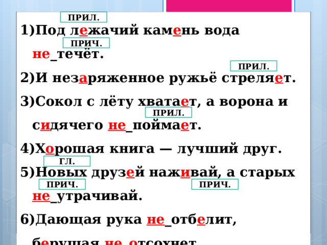 Под л е жачий кам е нь вода не _течёт. И нез а ряженное ружьё стреля е т. Сокол с лёту хвата е т, а ворона и с и дячего не _пойма е т. Х о рошая книга — лучший друг. Новых друз е й наж и вай, а старых не _утрачивай. Дающая рука не _отб е лит, б е рущая не _ о тсохнет. ПРИЛ. ПРИЧ. ПРИЛ. ПРИЛ. ГЛ. ПРИЧ. ПРИЧ. 