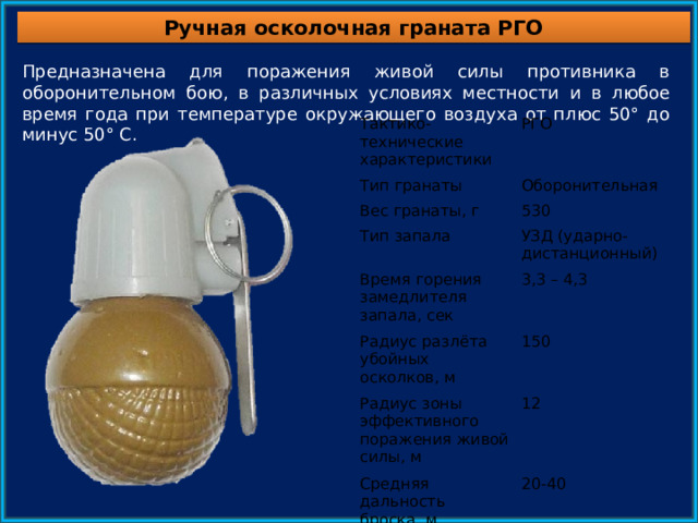 Тактико-технические характеристики РГД - 5 Тип гранаты Вес гранаты, г Ф-1 Наступательная 310 Тип запала РГН Оборонительная Время горения замедлителя запала, сек 600 УЗРГМ (дистанционный) Наступательная РГО Оборонительная 310 УЗРГМ (дистанционный) 3,2-4,2 Радиус разлёта убойных осколков, м 530 УЗД (ударно-дистанционный) 3,2-4,2 Радиус зоны эффективного поражения живой силы, м 35 УЗД (ударно-дистанционный) 3,3 – 4,3 5 200 Средняя дальность броска, м 3,3 – 4,3 30-45 24 7 20-40 150 8 30-45 12 20-40 Ручная осколочная граната РГО Предназначена для поражения живой силы противника в оборонительном бою, в различных условиях местности и в любое время года при температуре окружающего воздуха от плюс 50° до минус 50° С. Тактико-технические характеристики РГО Тип гранаты Оборонительная Вес гранаты, г 530 Тип запала УЗД (ударно-дистанционный) Время горения замедлителя запала, сек 3,3 – 4,3 Радиус разлёта убойных осколков, м 150 Радиус зоны эффективного поражения живой силы, м 12 Средняя дальность броска, м 20-40 По данным МО ВС РФ. Свободная лицензия. https://mil.ru/  