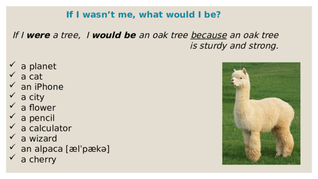 If I wasn’t me, what would I be?  If I were a tree,    I would be an oak tree because an oak tree is sturdy and strong.  a planet a cat an iPhone a city a flower a pencil a calculator a wizard an alpaca [ælˈpækə] a cherry 