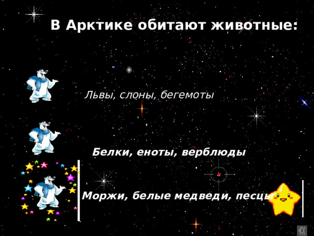 В Арктике обитают животные: Львы, слоны, бегемоты Белки, еноты, верблюды  Моржи, белые медведи, песцы 
