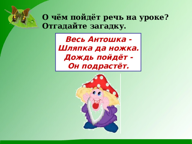 О чём пойдёт речь на уроке? Отгадайте загадку. Весь Антошка -  Шляпка да ножка.  Дождь пойдёт -  Он подрастёт. 