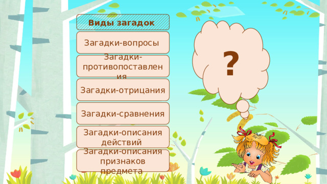 Виды загадок ? Загадки-вопросы Загадки-противопоставления Загадки-отрицания Загадки-сравнения Загадки-описания действий Загадки-описания признаков предмета 