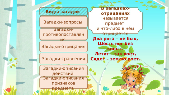 Виды загадок В загадках-отрицаниях называется предмет и что-либо в нём отрицается Загадки-вопросы Загадки-противопоставления Два рога – не бык, Шесть ног без копыт. Летит – так воет, Сядет – землю роет.  (Жук) Загадки-отрицания Загадки-сравнения Загадки-описания действий Загадки-описания признаков предмета 