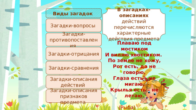 Виды загадок В загадках-описаниях действий перечисляются характерные действия предмета Загадки-вопросы Загадки-противопоставления Плаваю под мостиком И виляю хвостиком. По земле не хожу, Рот есть, да не говорю, Глаза есть – не мигаю, Крылья есть – не летаю.   (Рыба) Загадки-отрицания Загадки-сравнения Загадки-описания действий Загадки-описания признаков предмета 
