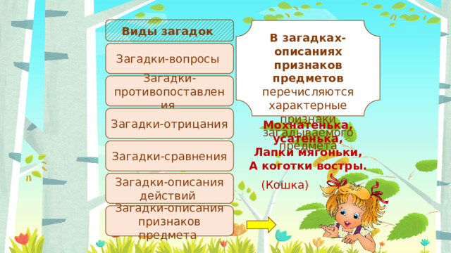 Виды загадок В загадках-описаниях признаков предметов перечисляются характерные признаки загадываемого предмета Загадки-вопросы Загадки-противопоставления Загадки-отрицания Мохнатенька, усатенька, Лапки мягоньки, А коготки востры.   (Кошка) Загадки-сравнения Загадки-описания действий Загадки-описания признаков предмета 