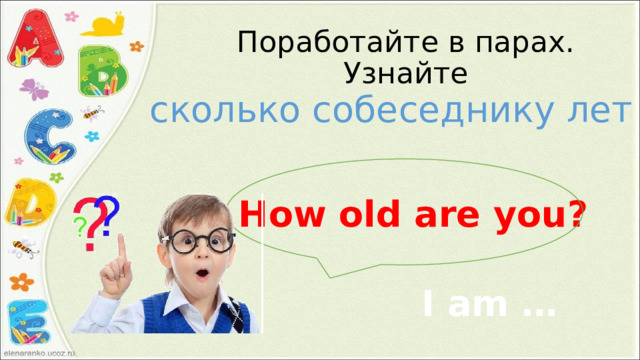 Поработайте в парах. Узнайте сколько собеседнику лет How old are you? I am … 