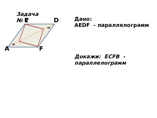 Задача № 7 Дано: AEDF - параллелограмм     Докажи: ECFB - параллелограмм D E 