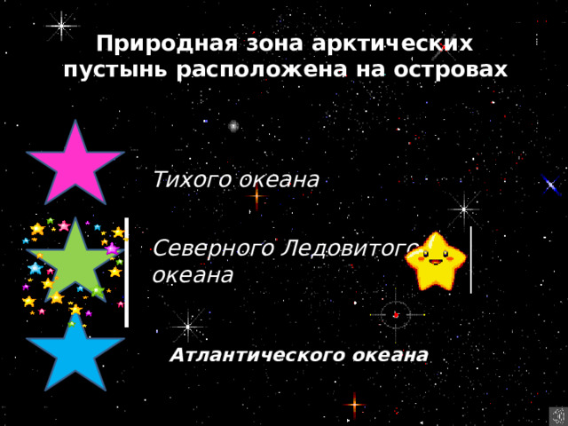 Природная зона арктических пустынь расположена на островах  Тихого океана  8 планет Северного Ледовитого океана  ланет  Атлантического океана 