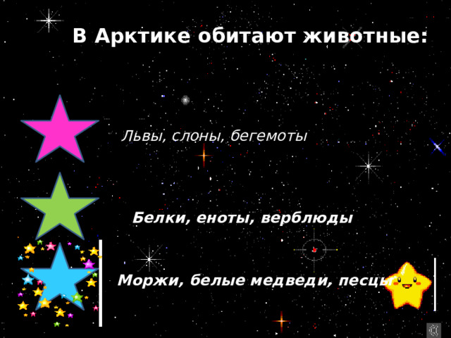 В Арктике обитают животные: Львы, слоны, бегемоты Белки, еноты, верблюды  Моржи, белые медведи, песцы 