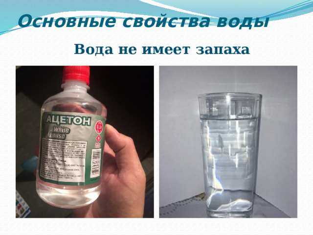 Основные свойства воды Вода не имеет запаха 