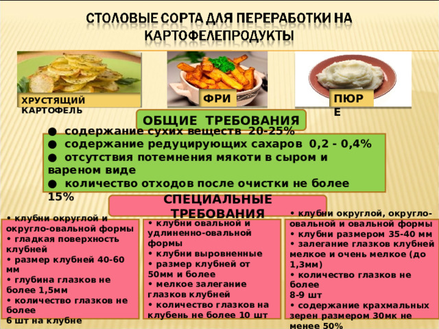 ФРИ ПЮРЕ ХРУСТЯЩИЙ КАРТОФЕЛЬ ОБЩИЕ ТРЕБОВАНИЯ ● содержание сухих веществ 20-25% ● содержание редуцирующих сахаров 0,2 - 0,4% ● отсутствия потемнения мякоти в сыром и вареном виде ● количество отходов после очистки не более 15% СПЕЦИАЛЬНЫЕ ТРЕБОВАНИЯ  • клубни округлой и округло-овальной формы • гладкая поверхность клубней • размер клубней 40-60 мм • глубина глазков не более 1,5мм • количество глазков не более 6 шт на клубне     • клубни овальной и удлиненно-овальной формы • клубни выровненные • размер клубней от 50мм и более • мелкое залегание глазков клубней • количество глазков на клубень не более 10 шт    • клубни округлой, округло-овальной и овальной формы • клубни размером 35-40 мм • залегание глазков клубней мелкое и очень мелкое (до 1,3мм) • количество глазков не более 8-9 шт • содержание крахмальных зерен размером 30мк не менее 50% 