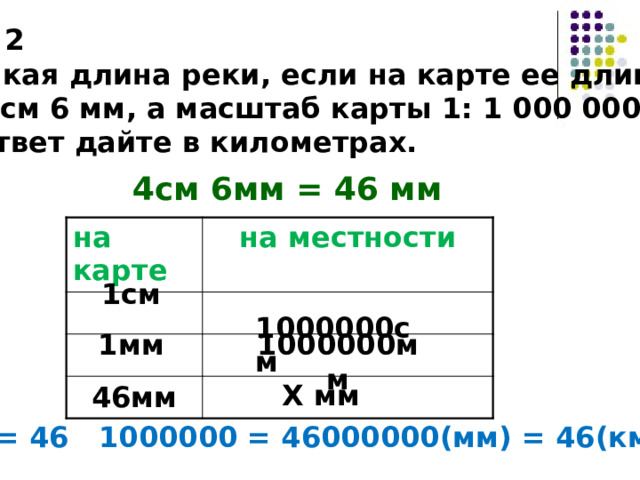 № 2 Какая длина реки, если на карте ее длина  4 см 6 мм, а масштаб карты 1: 1 000 000?  Ответ дайте в километрах. 4см 6мм = 46 мм на карте на местности   1см  1000000см 1мм 1000000мм Х мм 46мм Х = 46 1000000 = 46000000(мм) = 46(км) 