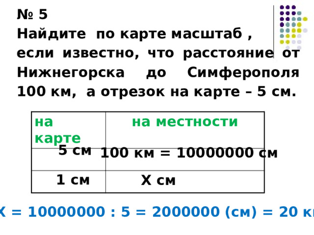 № 5 Найдите по карте масштаб , если известно, что расстояние от Нижнегорска до Симферополя 100 км, а отрезок на карте – 5 см.  на карте на местности   5 см   100 км = 10000000 см 1 см Х см Х = 10000000 : 5 = 2000000 (см) = 20 км 