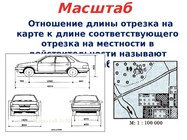 Масштаб  Отношение длины отрезка на карте к длине соответствующего отрезка на местности в действительности называют масштабом. Масштаб 1:20 