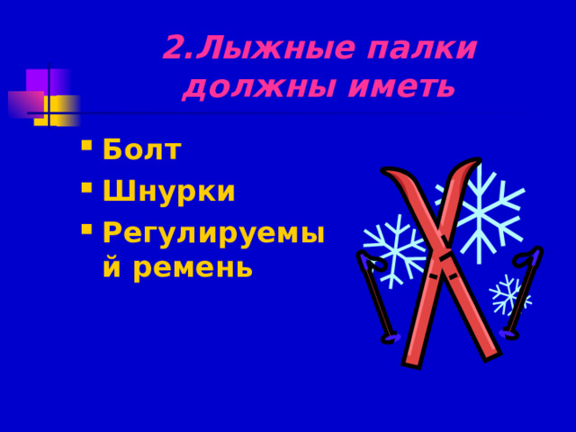 2.Лыжные палки должны иметь Болт Шнурки Регулируемый ремень  