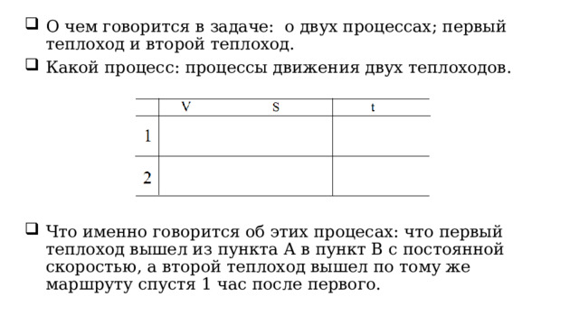 О чем говорится в задаче:  о двух процессах; первый теплоход и второй теплоход. Какой процесс: процессы движения двух теплоходов. Что именно говорится об этих процесах: что первый теплоход вышел из пункта А в пункт В с постоянной скоростью, а второй теплоход вышел по тому же маршруту спустя 1 час после первого. 