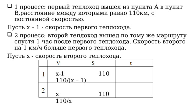 1 процесс: первый теплоход вышел из пункта А в пункт В,расстояние между которыми равно 110км, с постоянной скоростью. Пусть x – 1 - скорость первого теплохода. 2 процесс: второй теплоход вышел по тому же маршруту спустя 1 час после первого теплохода. Скорость второго на 1 км/ч больше первого теплохода.  Пусть x - скорость второго теплохода. x-1                   110                110/(x – 1) x                      110                  110/x 