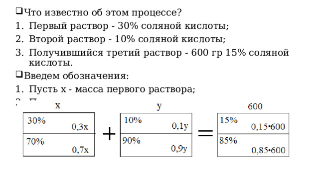Что известно об этом процессе?  Первый раствор - 30% соляной кислоты; Второй раствор - 10% соляной кислоты; Получившийся третий раствор - 600 гр 15% соляной кислоты. Введем обозначения: Пусть x - масса первого раствора; Пусть y - масса второго раствора.  