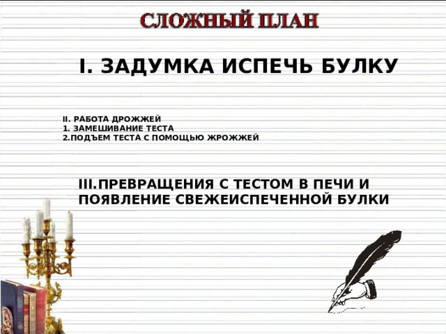 I . ЗАДУМКА ИСПЕЧЬ БУЛКУ  II . РАБОТА ДРОЖЖЕЙ 1 . ЗАМЕШИВАНИЕ ТЕСТА 2. ПОДЪЕМ ТЕСТА С ПОМОЩЬЮ ЖРОЖЖЕЙ    III. ПРЕВРАЩЕНИЯ С ТЕСТОМ В ПЕЧИ И ПОЯВЛЕНИЕ СВЕЖЕИСПЕЧЕННОЙ БУЛКИ 