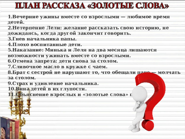 Вечерние ужины вместе со взрослыми — любимое время детей. Нетерпение Лели: желание рассказать свою историю, не дожидаясь, когда другой закончит говорить. Гнев начальника папы. Плохо воспитанные дети. Наказание: Минька и Леля на два месяца лишаются возможности ужинать вместе со взрослыми. Отмена запрета: дети снова за столом. Сливочное масло в кружке с чаем. Брат с сестрой не нарушают то, что обещали папе — молчать за столом. Страх и удивление начальника. Вина детей в их глупости. Объяснение взрослых и «золотые слова» папы. 