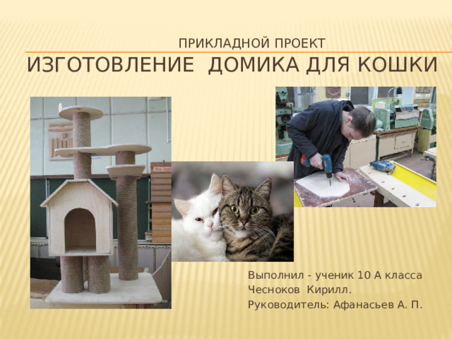  прикладной проект   Изготовление домика для кошки Выполнил - ученик 10 А класса Чесноков Кирилл. Руководитель: Афанасьев А. П.    