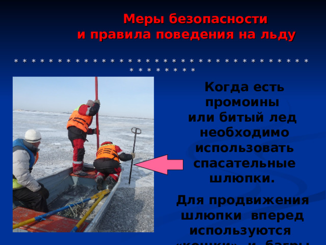 Меры безопасности  и правила поведения на льду     * * * * * * * * * * * * * * * * * * * * * * * * * * * * * * * * * * * * * * * * * * Когда есть промоины или битый лед необходимо использовать спасательные шлюпки.  Для продвижения шлюпки вперед используются «кошки» и багры. 