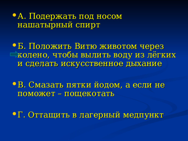 А. Подержать под носом нашатырный спирт Б. Положить Витю животом через колено, чтобы вылить воду из лёгких и сделать искусственное дыхание  В. Смазать пятки йодом, а если не поможет – пощекотать Г. Оттащить в лагерный медпункт 