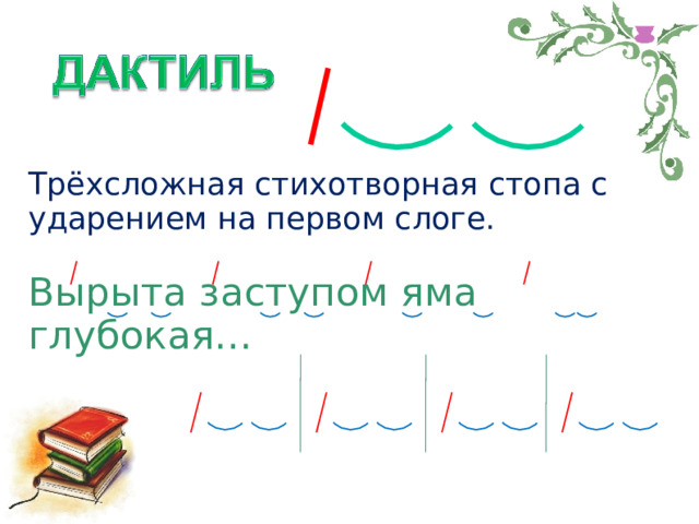 Трёхсложная стихотворная стопа с ударением на первом слоге. Вырыта заступом яма глубокая… И.С. Никитин 