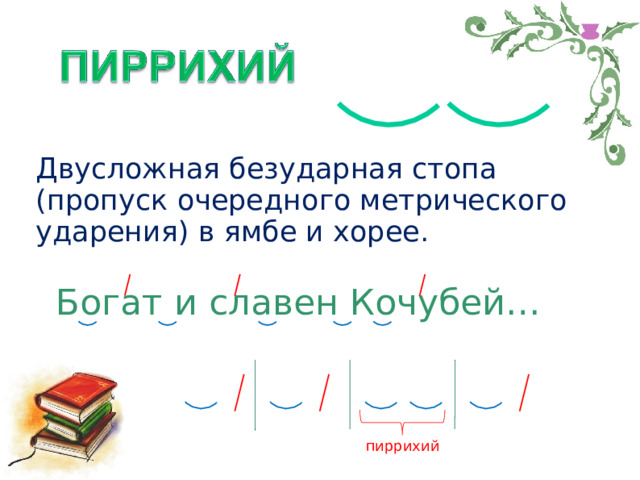 Двусложная безударная стопа (пропуск очередного метрического ударения) в ямбе и хорее. Богат и славен Кочубей… А.С. Пушкин пиррихий 