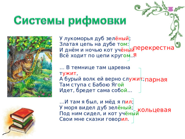 У лукоморья дуб зел ёный ;  Златая цепь на дубе т ом :  И днём и ночью кот уч ёный  Всё ходит по цепи круг ом …   … В темнице там царевна т ужит , А бурый волк ей верно сл ужит ; Там ступа с Бабою Яг ой Идет, бредет сама соб ой …   … И там я был, и мёд я п ил ;  У моря видел дуб зел ёный ;  Под ним сидел, и кот уч ёный  Свои мне сказки говор ил .   перекрестная парная кольцевая А.С. Пушкин 