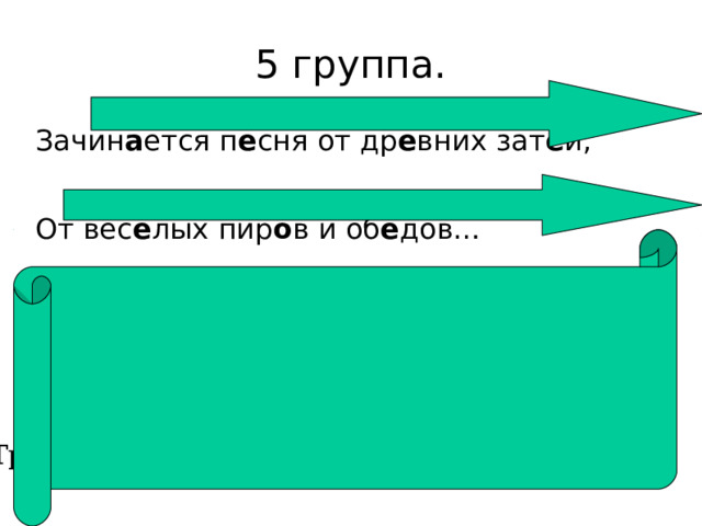 5 группа. Зачин а ется п е сня от др е вних зат е й, От вес е лых пир о в и об е дов… Трехсложный размер. Анапест. 
