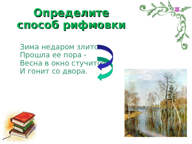 Определите способ рифмовки Зима недаром злится,  Прошла ее пора -  Весна в окно стучится  И гонит со двора. Ф.И. Тютчев 
