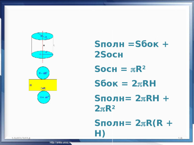 Sполн =Sбок + 2Sосн Sосн =  R 2 Sбок = 2  RH Sполн= 2  RH + 2  R 2 Sполн= 2  R(R + H) 10/02/2024  