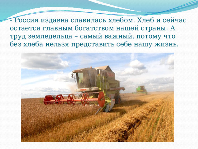 - Россия издавна славилась хлебом. Хлеб и сейчас остается главным богатством нашей страны. А труд земледельца – самый важный, потому что без хлеба нельзя представить себе нашу жизнь.   