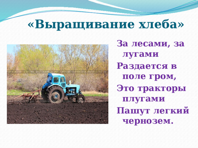 «Выращивание хлеба» За лесами, за лугами Раздается в поле гром, Это тракторы плугами Пашут легкий чернозем. 
