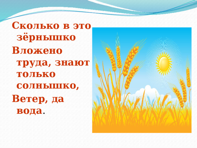 Сколько в это зёрнышко Вложено труда, знают только солнышко, Ветер, да вода . 