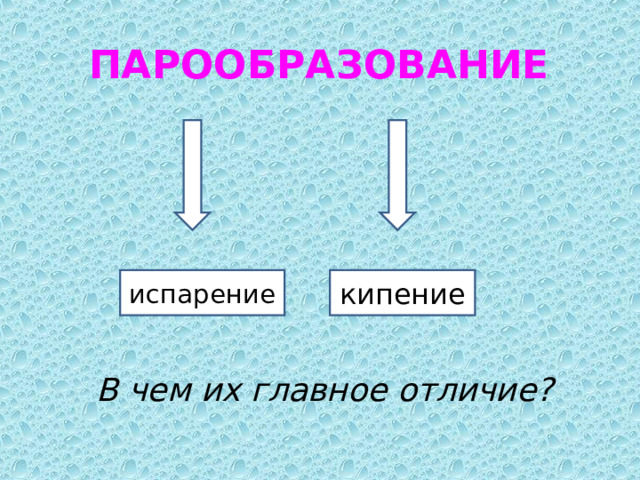 ПАРООБРАЗОВАНИЕ        В чем их главное отличие? испарение кипение 