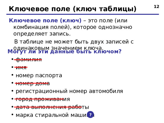  Ключевое поле (ключ таблицы) Ключевое поле (ключ) – это поле (или комбинация полей), которое однозначно определяет запись.  В таблице не может быть двух записей с одинаковым значением ключа. Могут ли эти данные быть ключом? фамилия имя номер паспорта номер дома регистрационный номер автомобиля город проживания дата выполнения работы марка стиральной машины фамилия имя номер паспорта номер дома регистрационный номер автомобиля город проживания дата выполнения работы марка стиральной машины ?  
