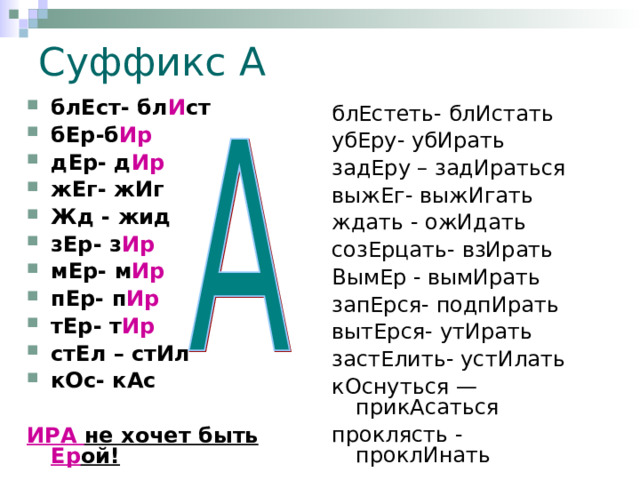 Суффикс А блЕст- бл И ст бЕр-б Ир дЕр- д Ир жЕг- жИг Жд - жид зЕр- з Ир мЕр- м Ир пЕр- п Ир тЕр- т Ир стЕл – стИл кОс- кАс  ИРА не хочет быть Ер ой!  блЕстеть- блИстать убЕру- убИрать задЕру – задИраться выжЕг- выжИгать ждать - ожИдать созЕрцать- взИрать ВымЕр - вымИрать запЕрся- подпИрать вытЕрся- утИрать застЕлить- устИлать кОснуться — прикАсаться проклясть - проклИнать 