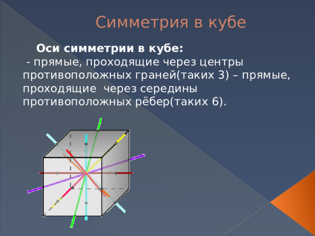 Симметрия в кубе  Оси симметрии в кубе:   - прямые, проходящие через центры противоположных граней(таких 3) – прямые, проходящие через середины противоположных рёбер(таких 6).  
