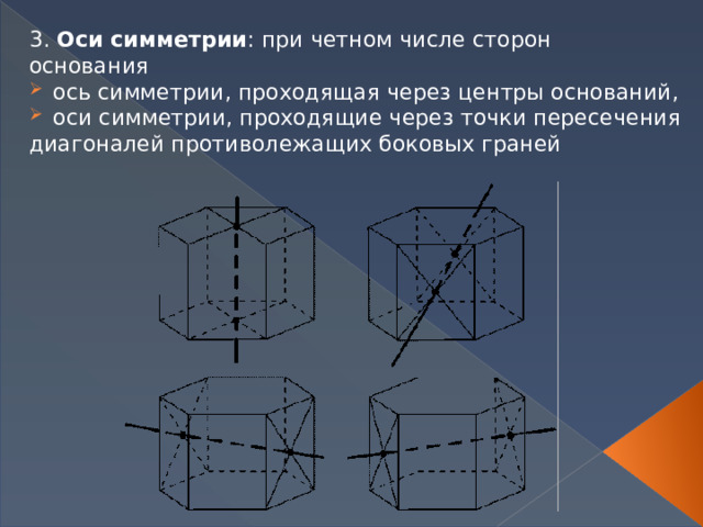 3.  Оси симметрии : при четном числе сторон основания   ось симметрии, проходящая через центры оснований,  оси симметрии, проходящие через точки пересечения диагоналей противолежащих боковых граней 